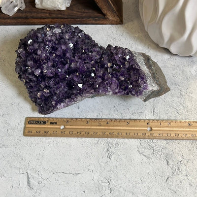 Amethyst cluster formation next to a ruler showing that it is 7 inches long.