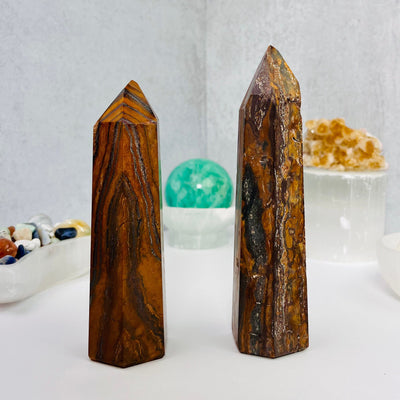 Side view of both Tigers Eye Towers, placed side by side.