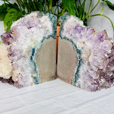 Up close of inner sides of Amethyst Bookend Set with Calcite Cluster