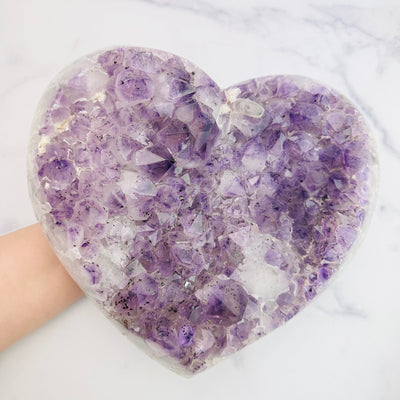 Amethyst Crystal Druzy Heart Top View With Hand Size Reference