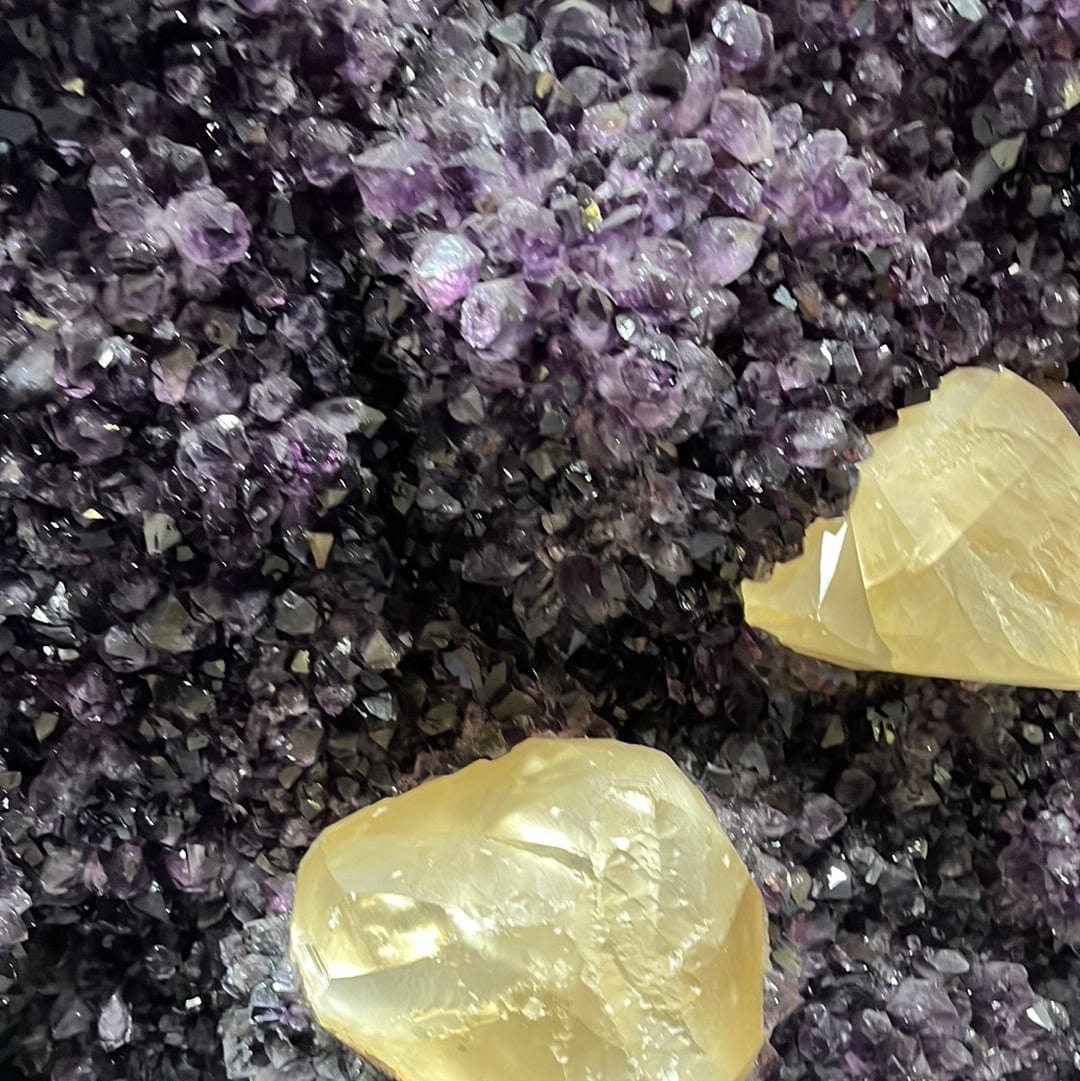 up close shot of Amethyst Crystal Cluster Natural Shape Heart with Calcite Chunks