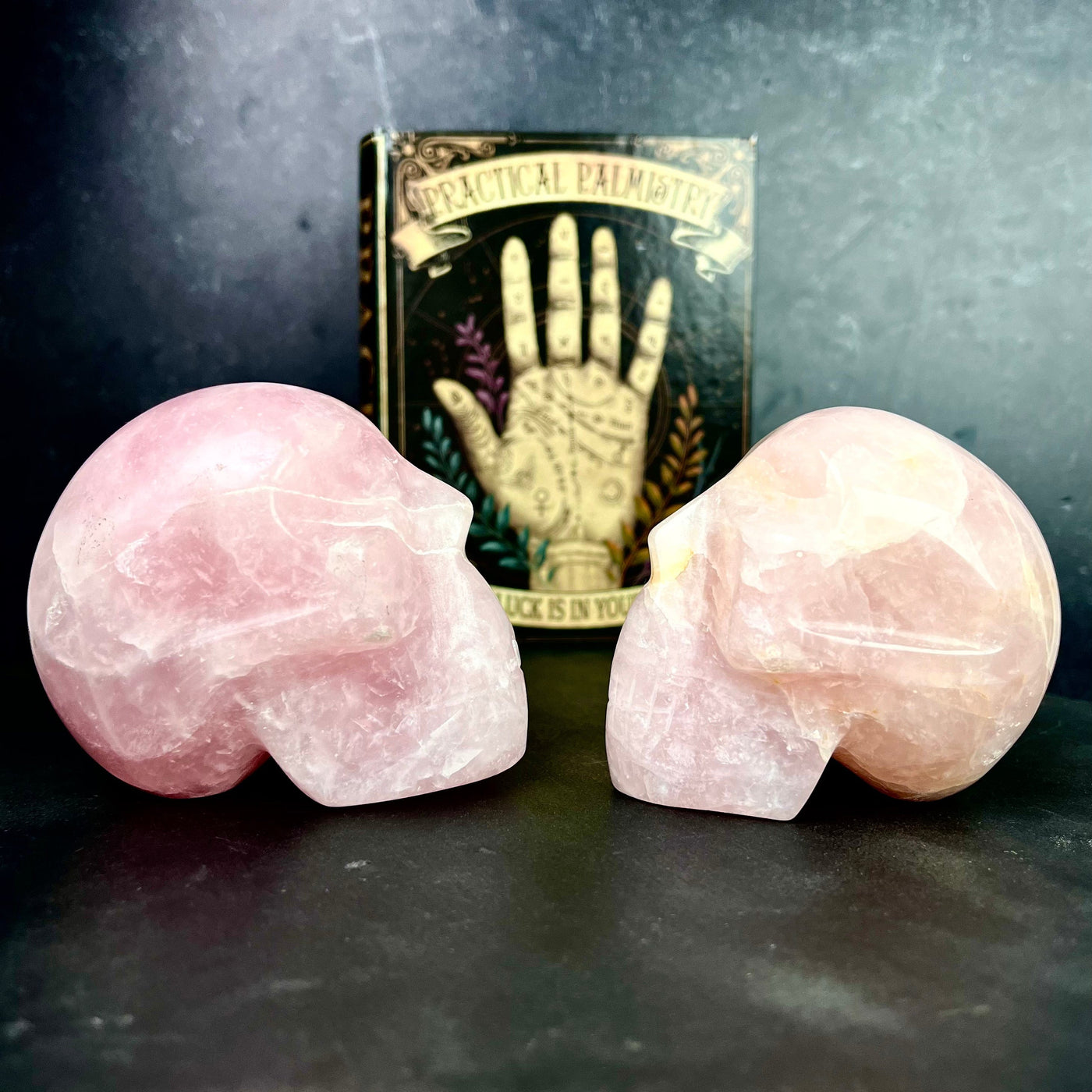 Two side profile views of Rose Quartz Polished Skulls, facing each other, on a black surface.