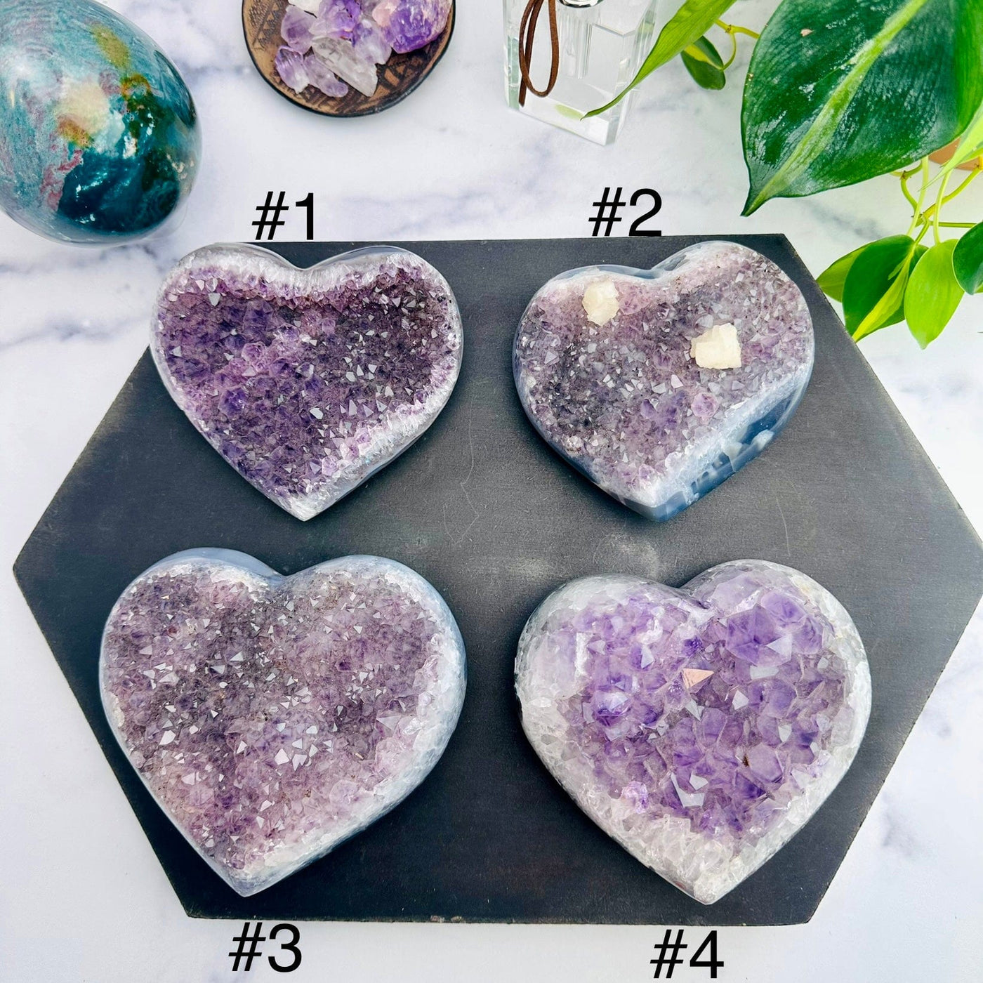 Amethyst Druzy Purple Hearts - YOU CHOOSE - Top View Of Four Choices