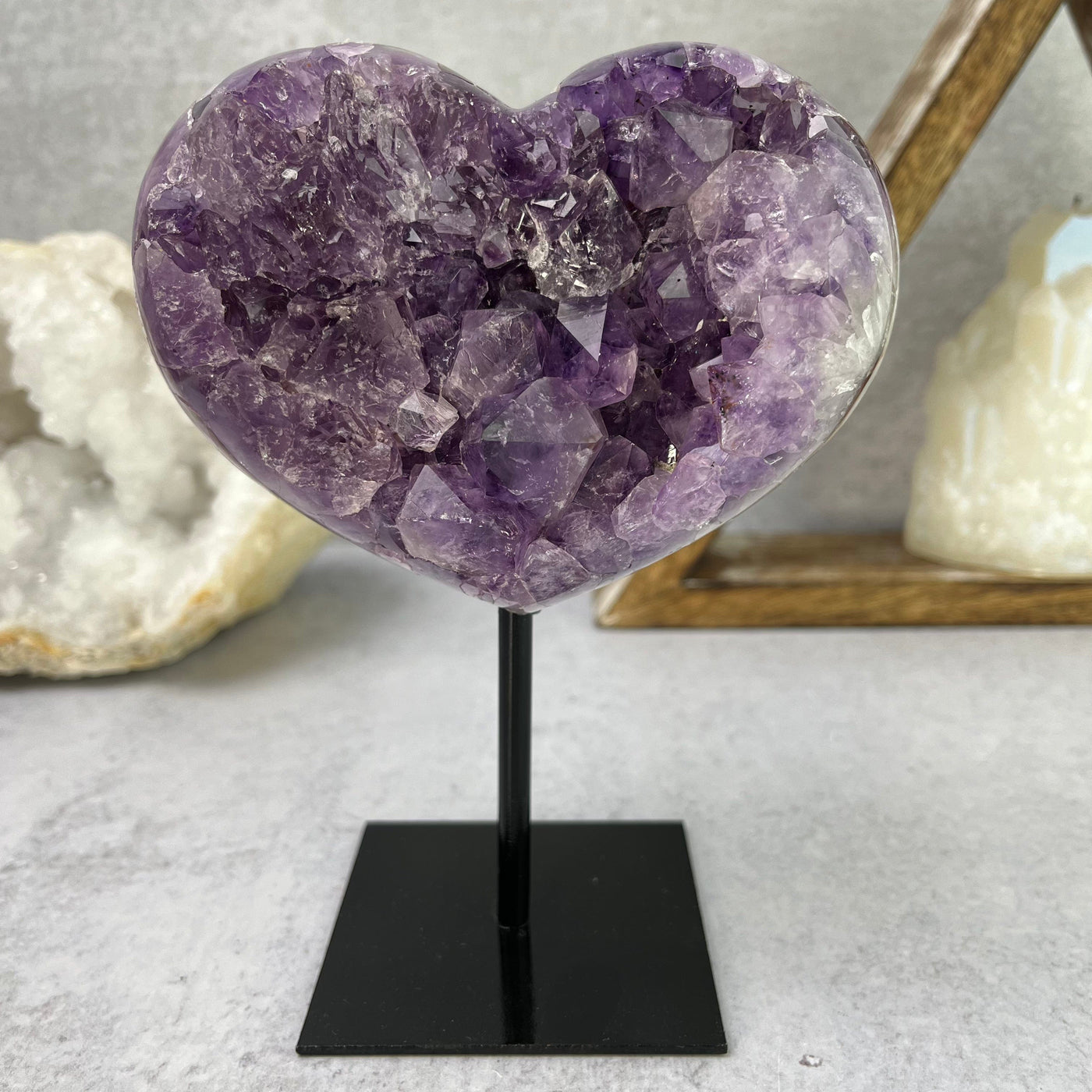  Amethyst Heart Cluster on Metal Stand - OOAK - Front View with home decor background