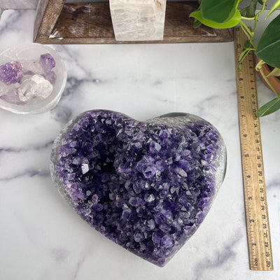 Purple Cluster Amethyst Heart With Ruler For Size Reference 