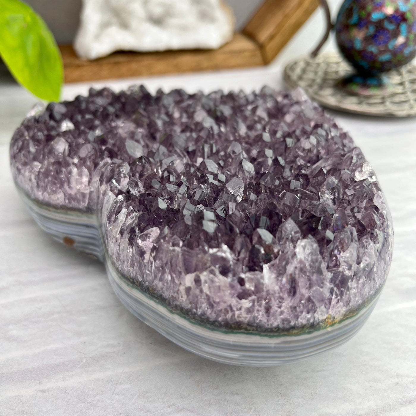  Purple Cluster Amethyst Druzy Heart Close up view of thickness and cluster 