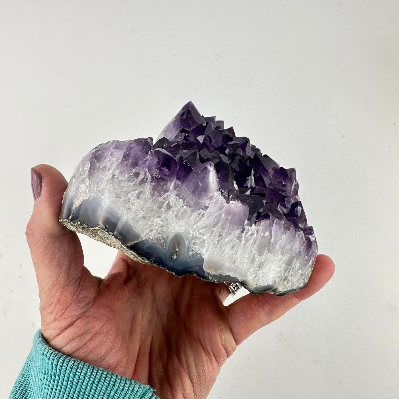 Amethyst Crystal Cluster Heart showing side view and thickness of heart