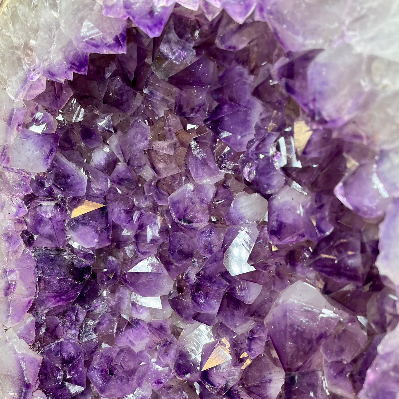 Up close view of the inner, upper crystal cluster formation in the Polished Amethyst Geode Cathedral.