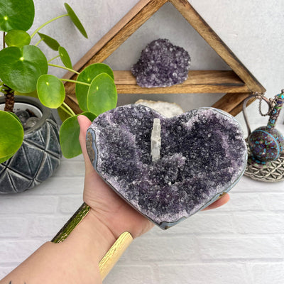  Amethyst Purple Cluster Druzy Heart top view with hand for size refence 