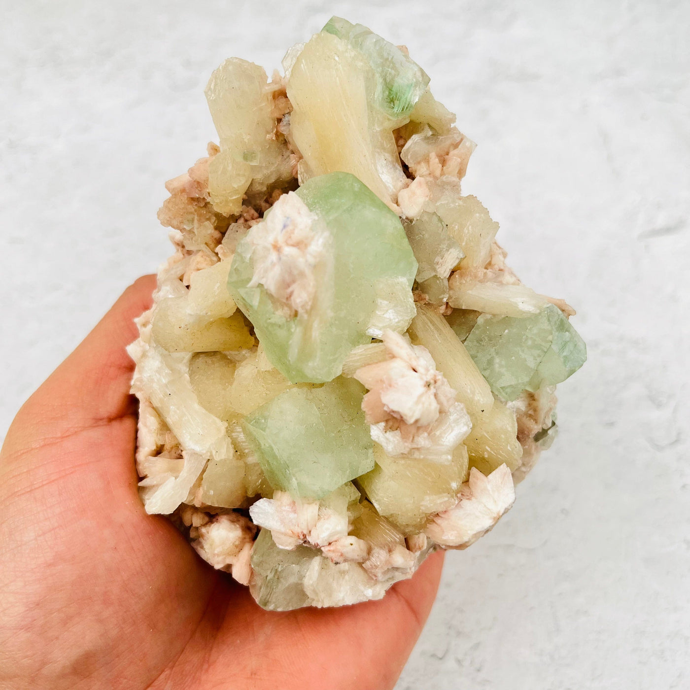 Green Apophyllite with Stilbite on Heulandite Zeolites - OOAK - With Hand For Sizing Reference