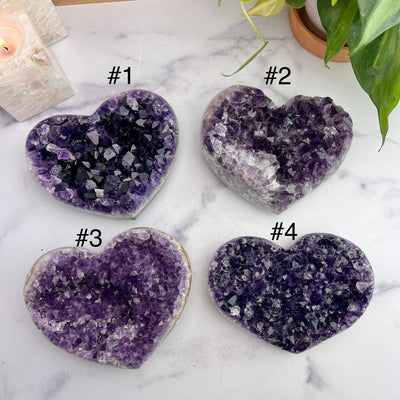 Druzy Purple Amethyst Hearts Top view of all four choices