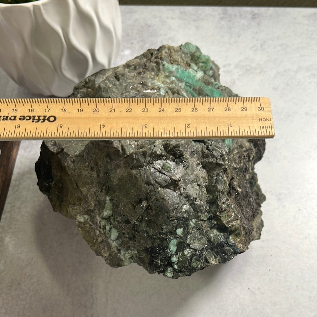 Large emerald rough stone.  It has emerald green rods on a green and black rock matrix. with a ruler showing it is 5" across