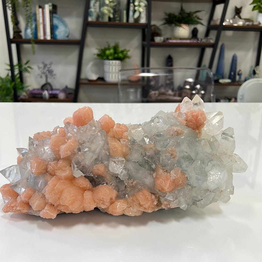 Large zeolite cluster with apophyllite and peach stillbite crystals on a white table