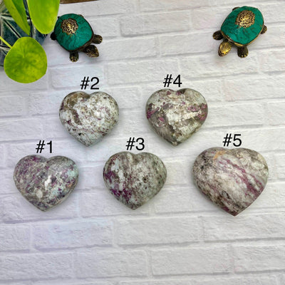 Pink Tourmaline Heart - top view of five choices 