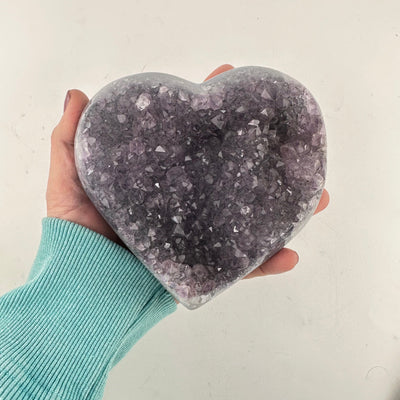 Amethyst Crystal Cluster Heart in a hand for size reference