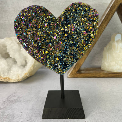  Amethyst Rainbow Titanium Heart on a Wood Stand - OOAK - with home decor