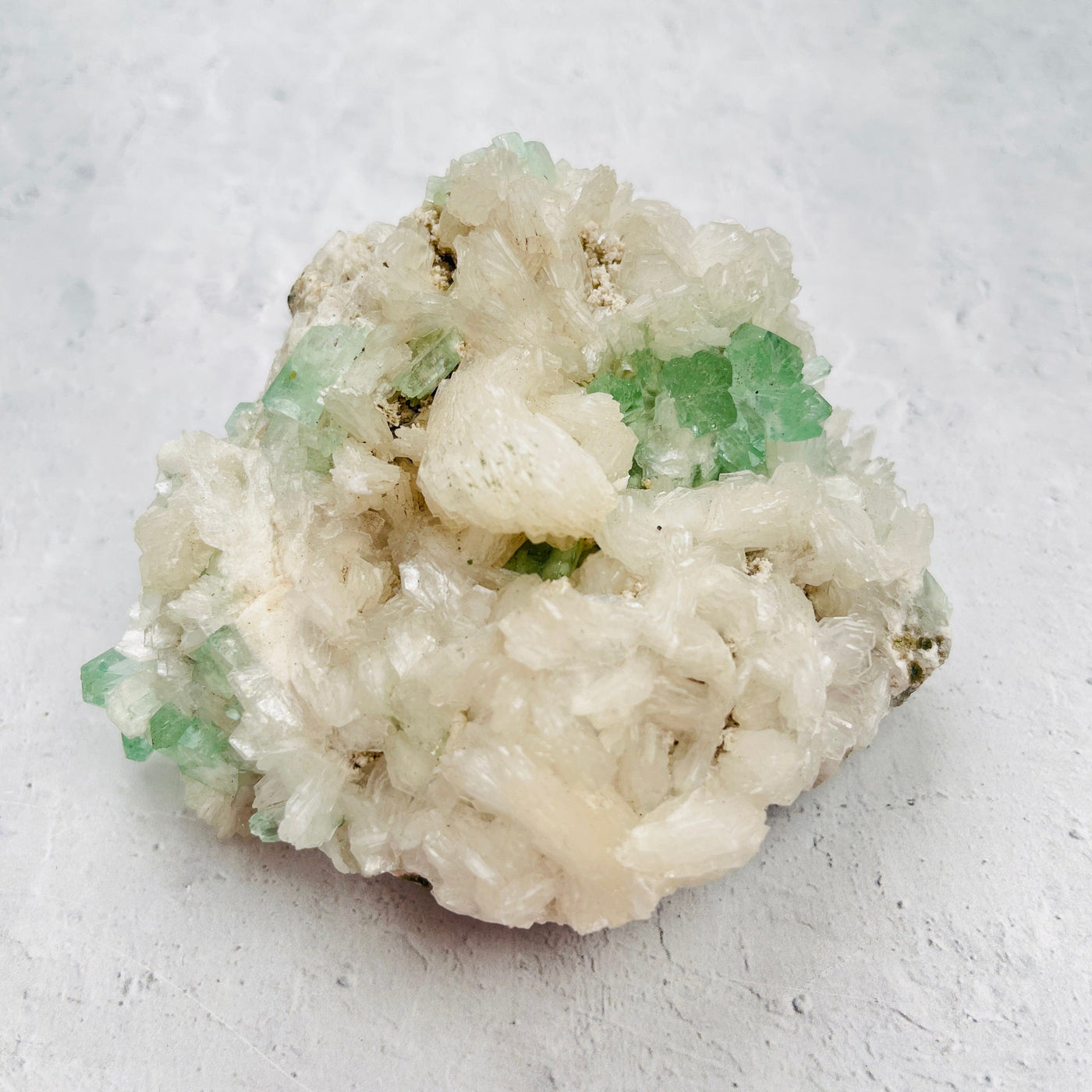 Green Apophyllite with Stilbite Crystal Clusters Zeolites - Front View