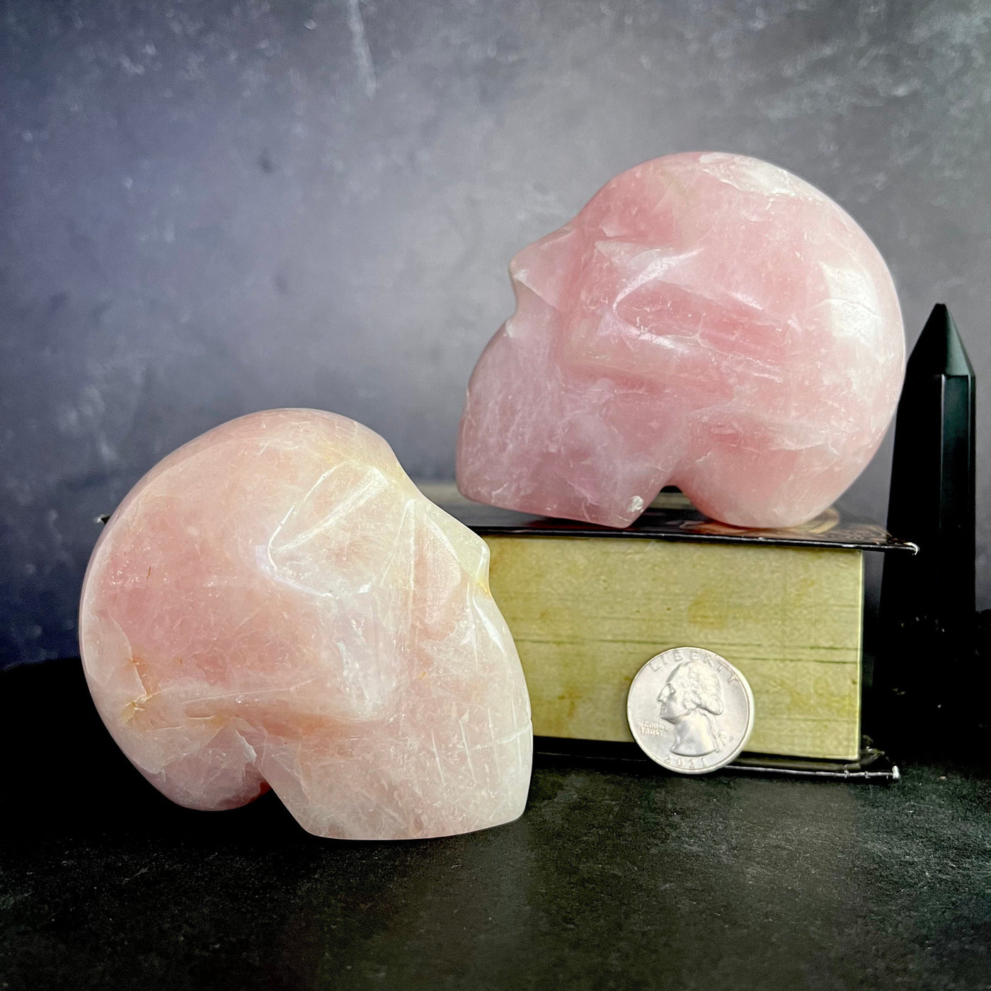Two side profile views of Rose Quartz Polished Skulls, facing each other, one mounted on top of a book, other on black surface, placed next to a quarter for size reference.