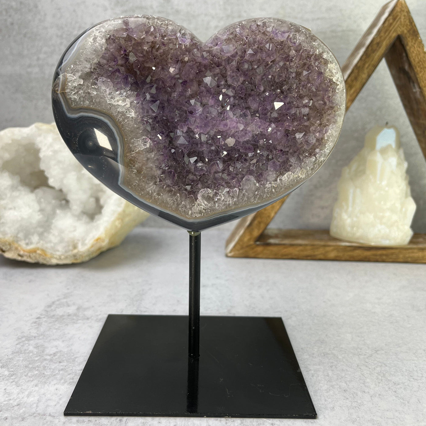 Amethyst Heart Cluster on Metal Stand - OOAK - Front View with Home Decor