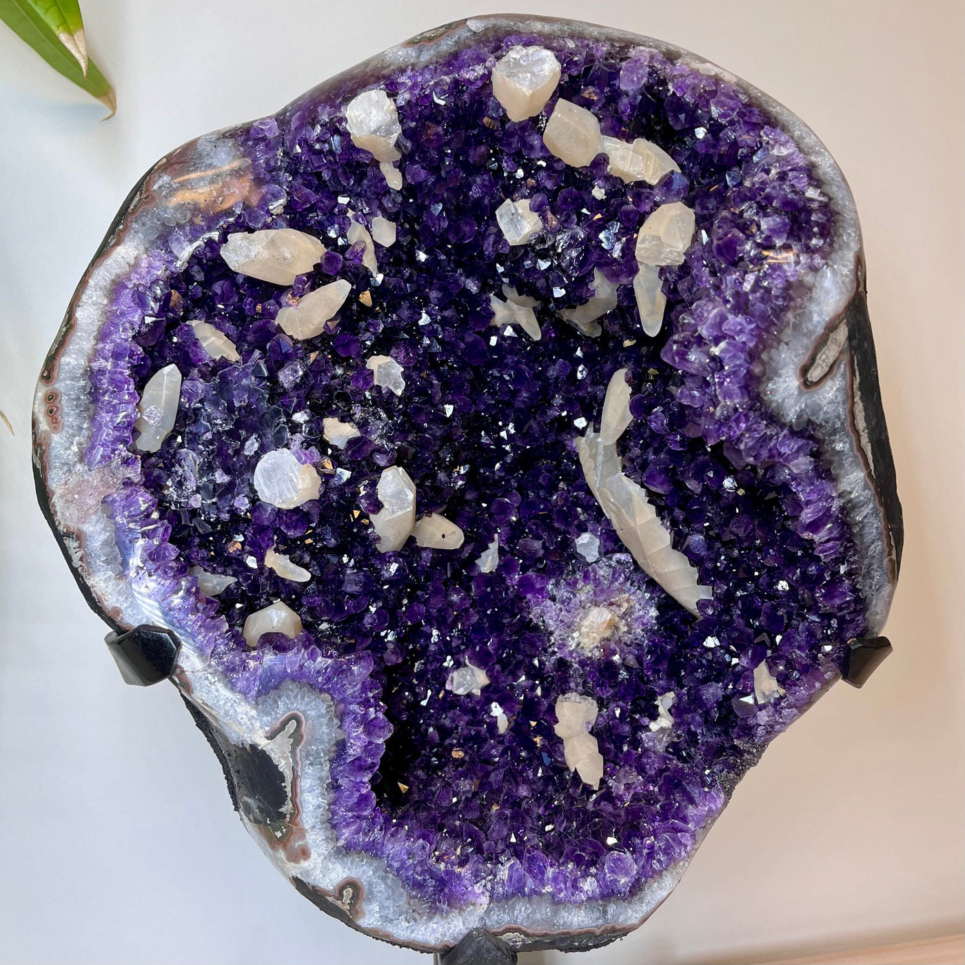 Up close frontal view of Large Dark Purple Amethyst and Calcite Geode.