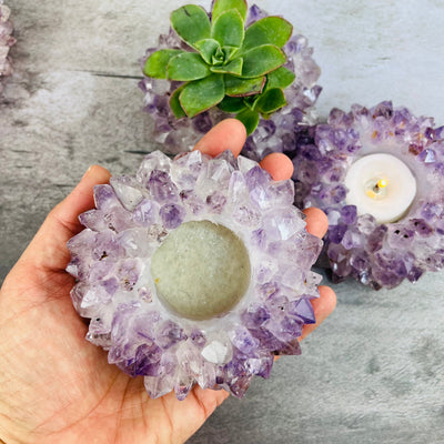 Amethyst Point Candle Holders, one in a hand for size