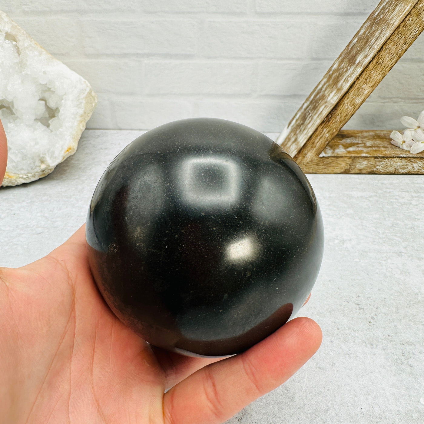  Black Tourmaline Spheres - OOAK - with hand