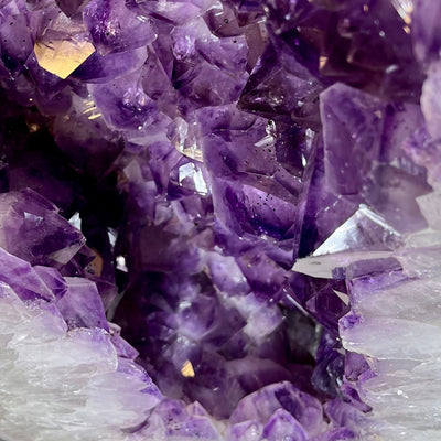 Up close view of the inner, lower crystal cluster formation in the Polished Amethyst Geode Cathedral.