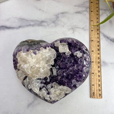 Purple Amethyst Cluster Heart with ruler for size reference 