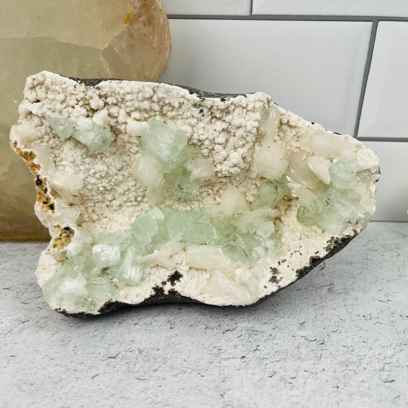 Natural Green Apophyllite with Stilbite Crystals Clusters Zeolites