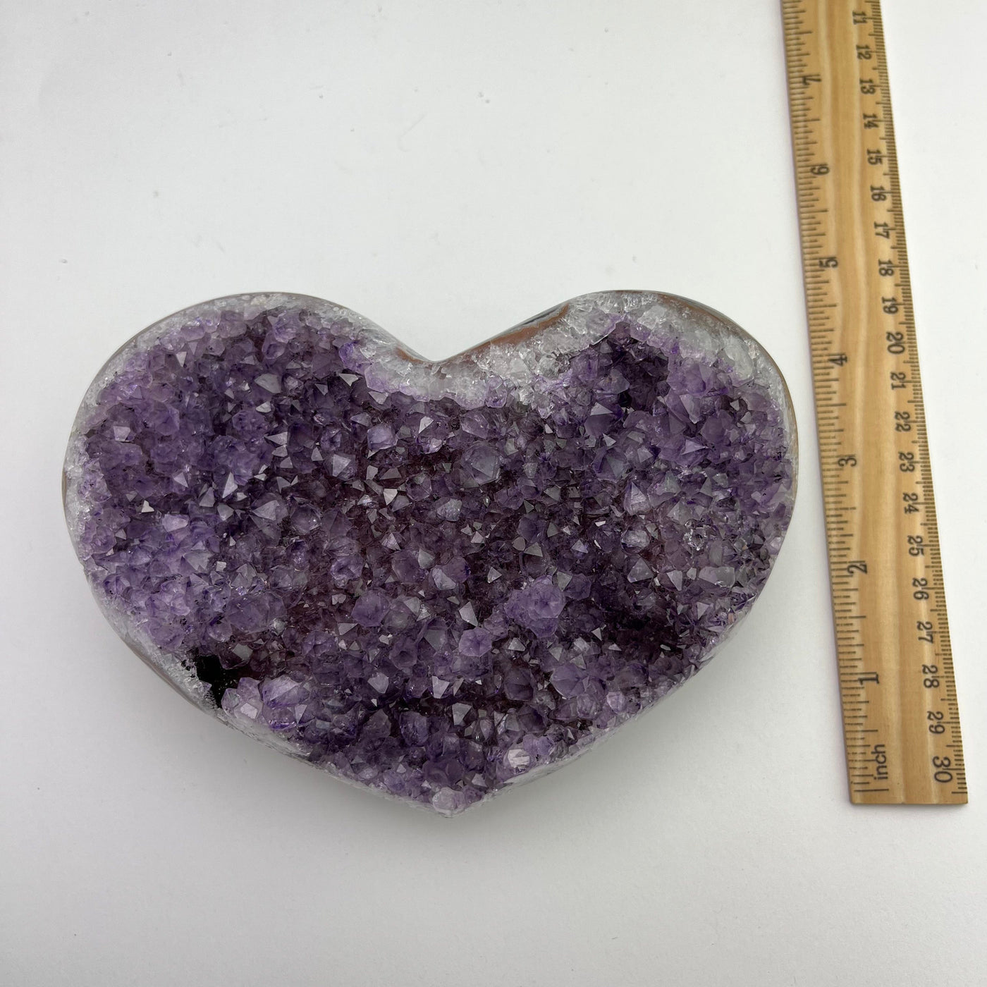Amethyst Crystal Purple Druzy Heart with ruler for size reference 