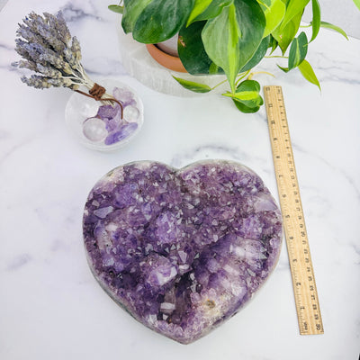 Amethyst Crystal Druzy Heart Top View With Ruler For Size Reference 