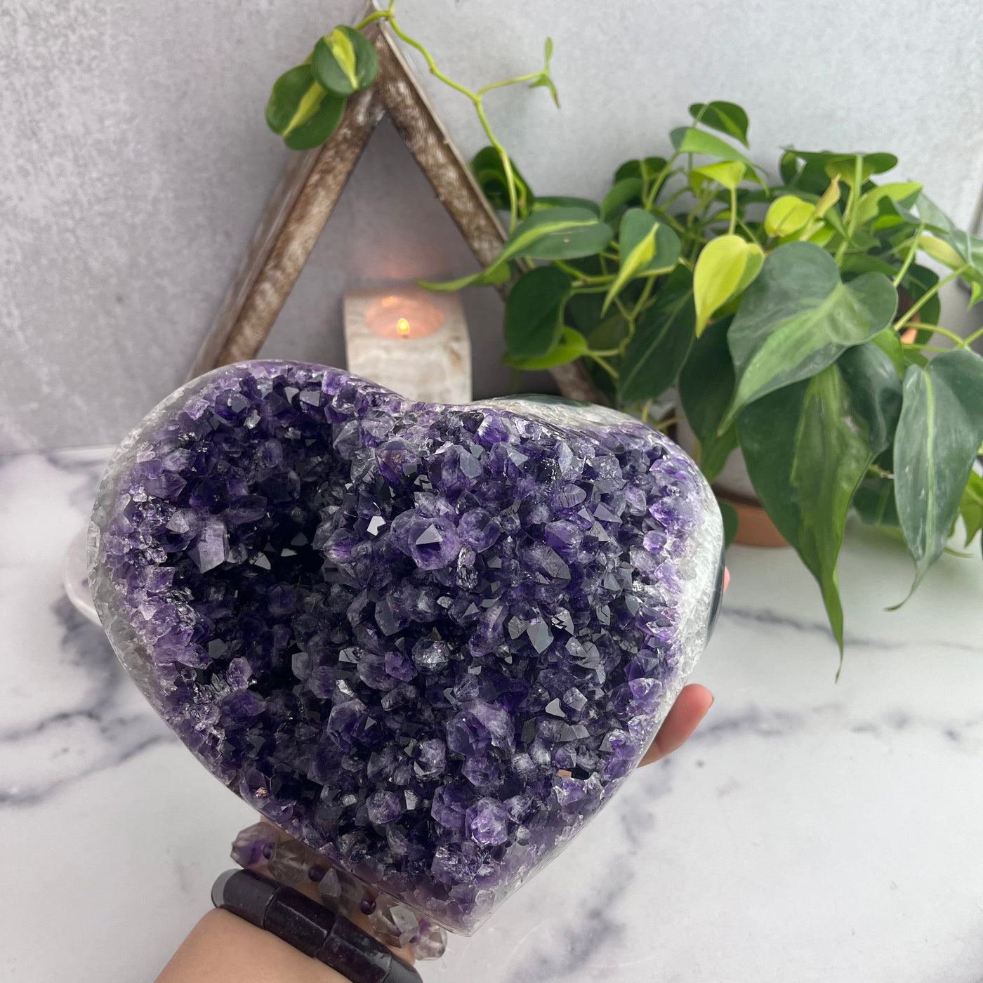 Purple Cluster Amethyst Heart With Hand For Size Reference 