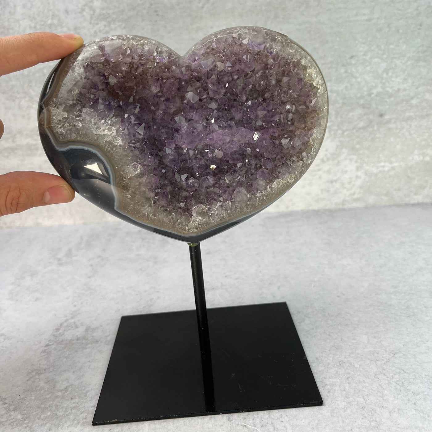 Amethyst Heart Cluster on Metal Stand - OOAK -with finger for size reference
