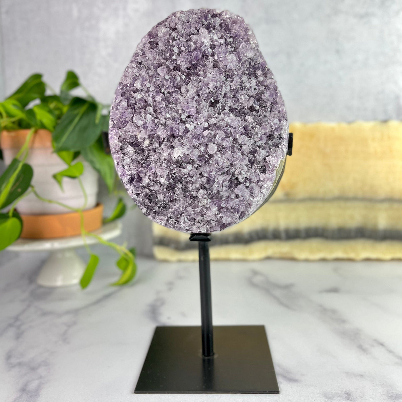Frontal view of Oval Amethyst Crystal Cluster on Metal Stand