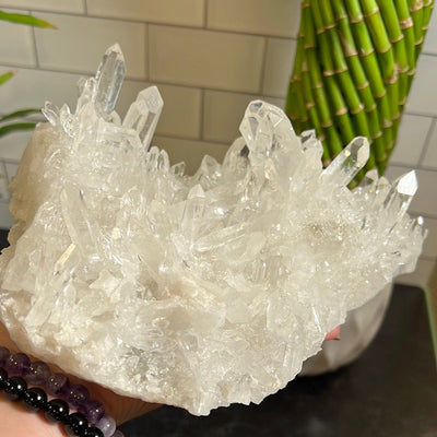 Large crystal quartz cluster held up by a woman's hand.