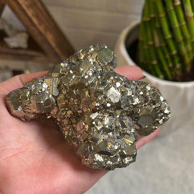 Pyrite with Hematite cluster in a woman's hand.