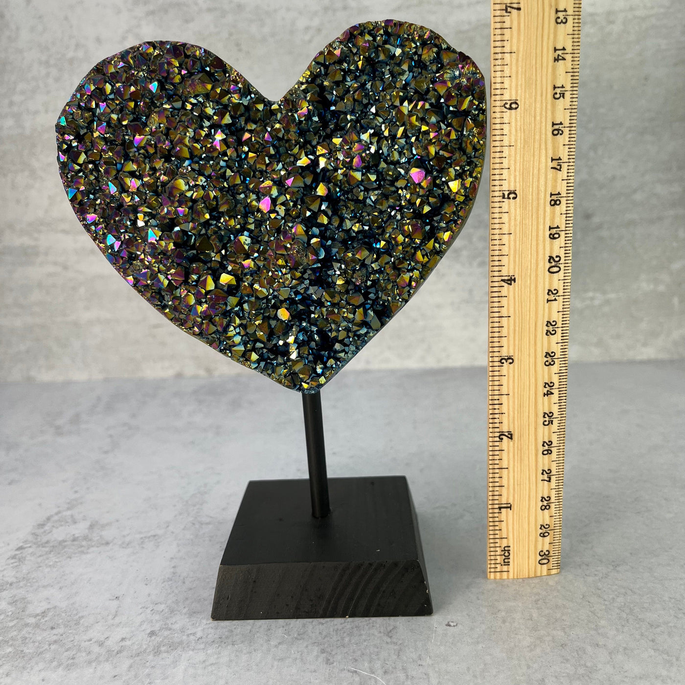  Amethyst Rainbow Titanium Heart on a Wood Stand - OOAK -  with measurements