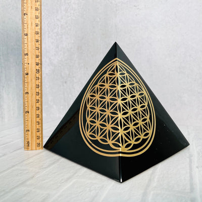 Frontal view of Gold Sheen Obsidian Flower of Life Pyramid, next to an upright ruler for size reference.