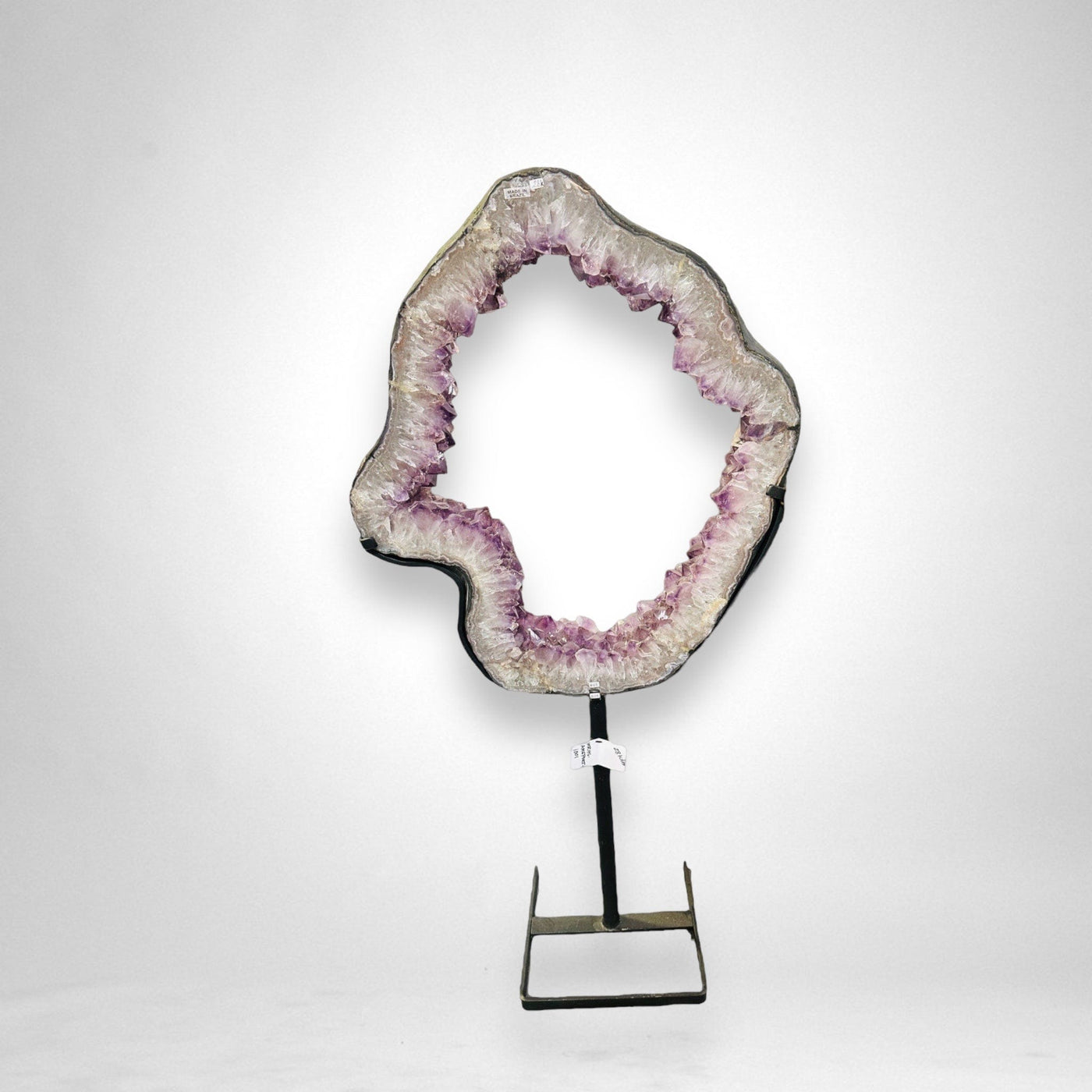 Large Amethyst Portal on Metal Stand on white background