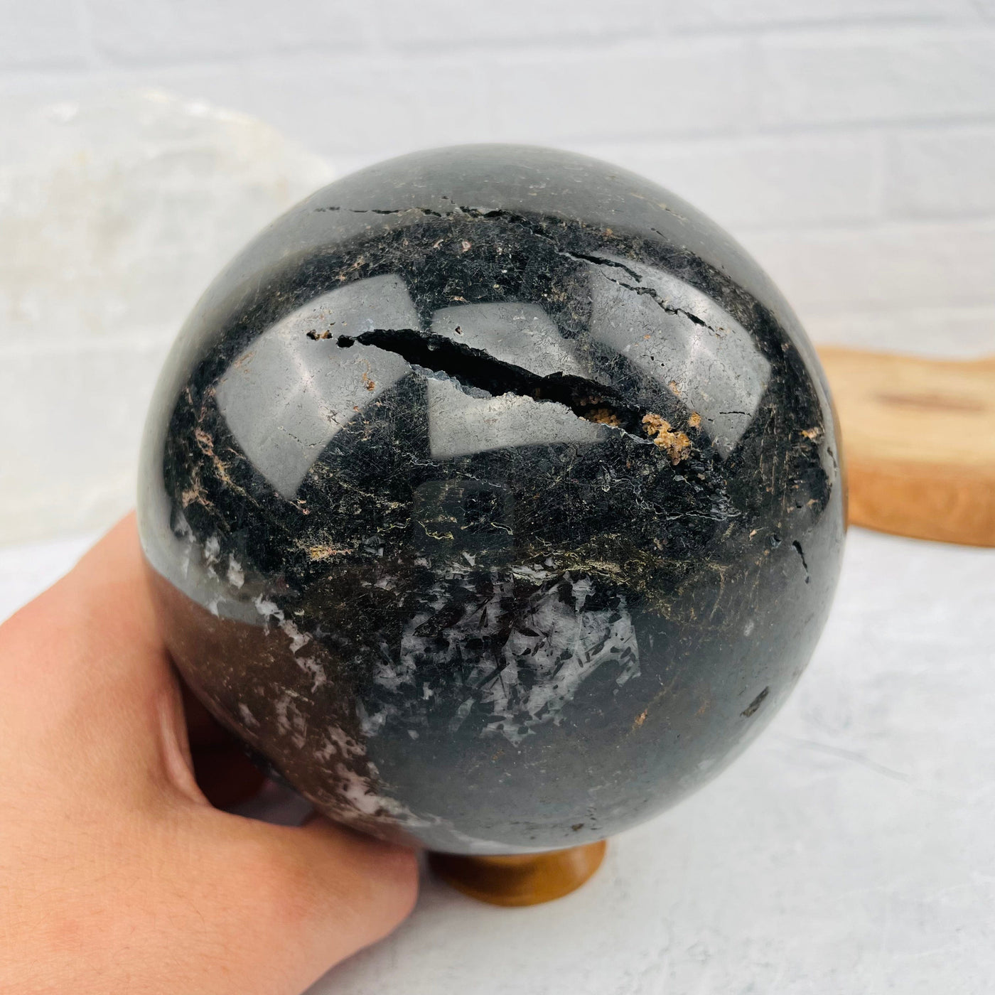Black Tourmilated Quartz Sphere - OOAK - Polished - with hand