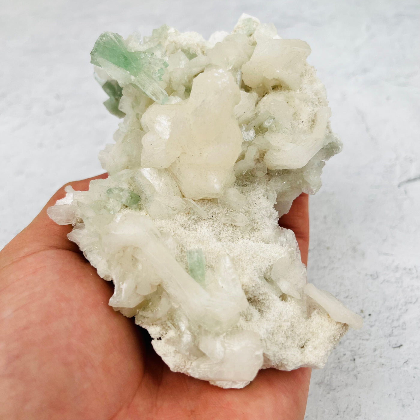 Green Apophyllite with Stilbite Zeolites - With Hand For Sizing Reference