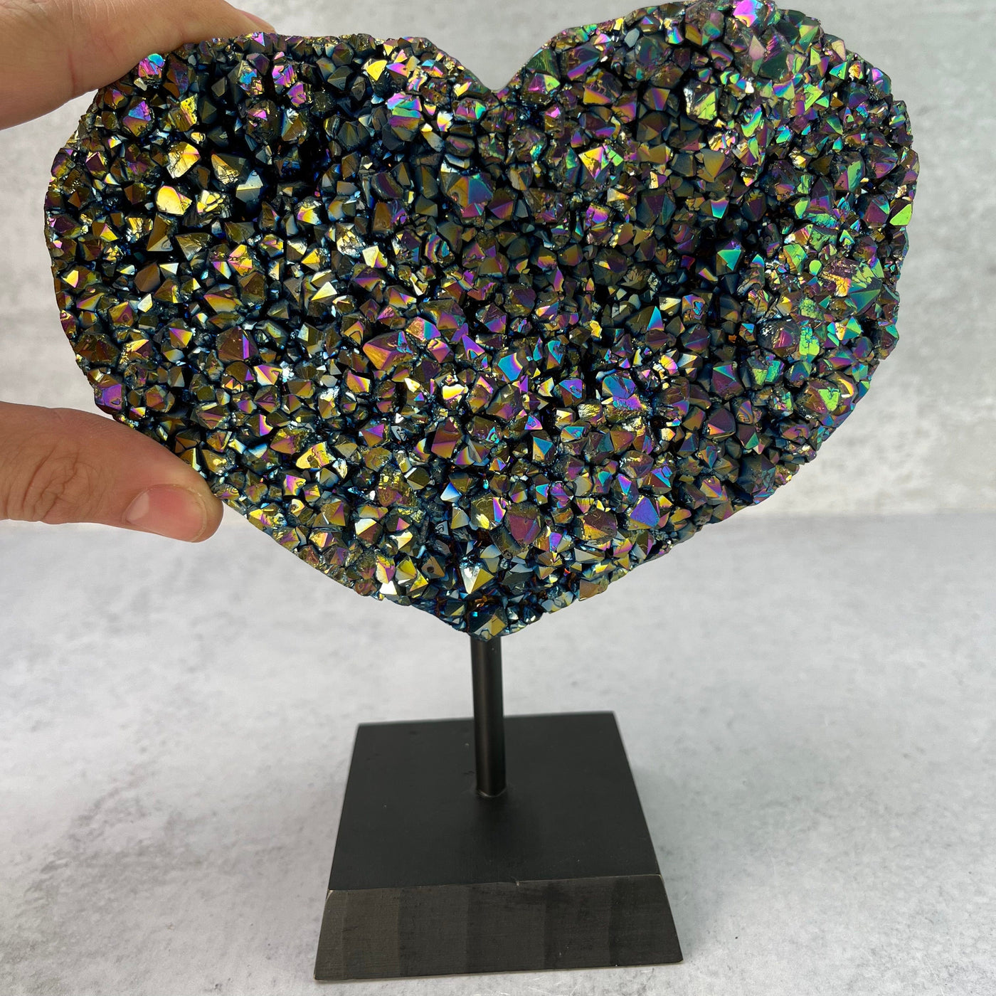  Amethyst Rainbow Titanium Heart on a Wood Stand - OOAK -  with finger for size reference 