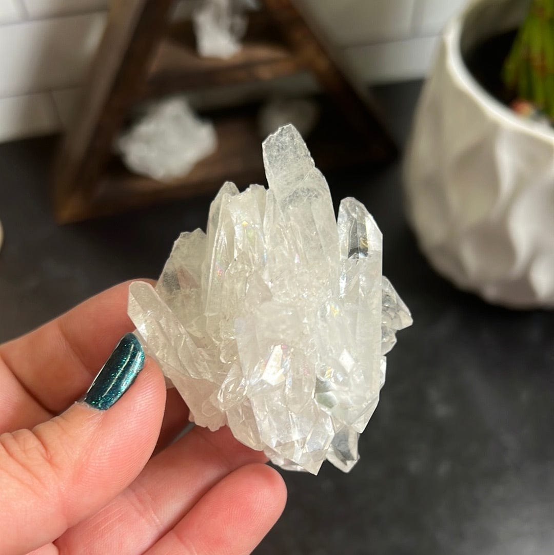 Crystal cluster with multiple points in it held in a woman's hand with a black background.