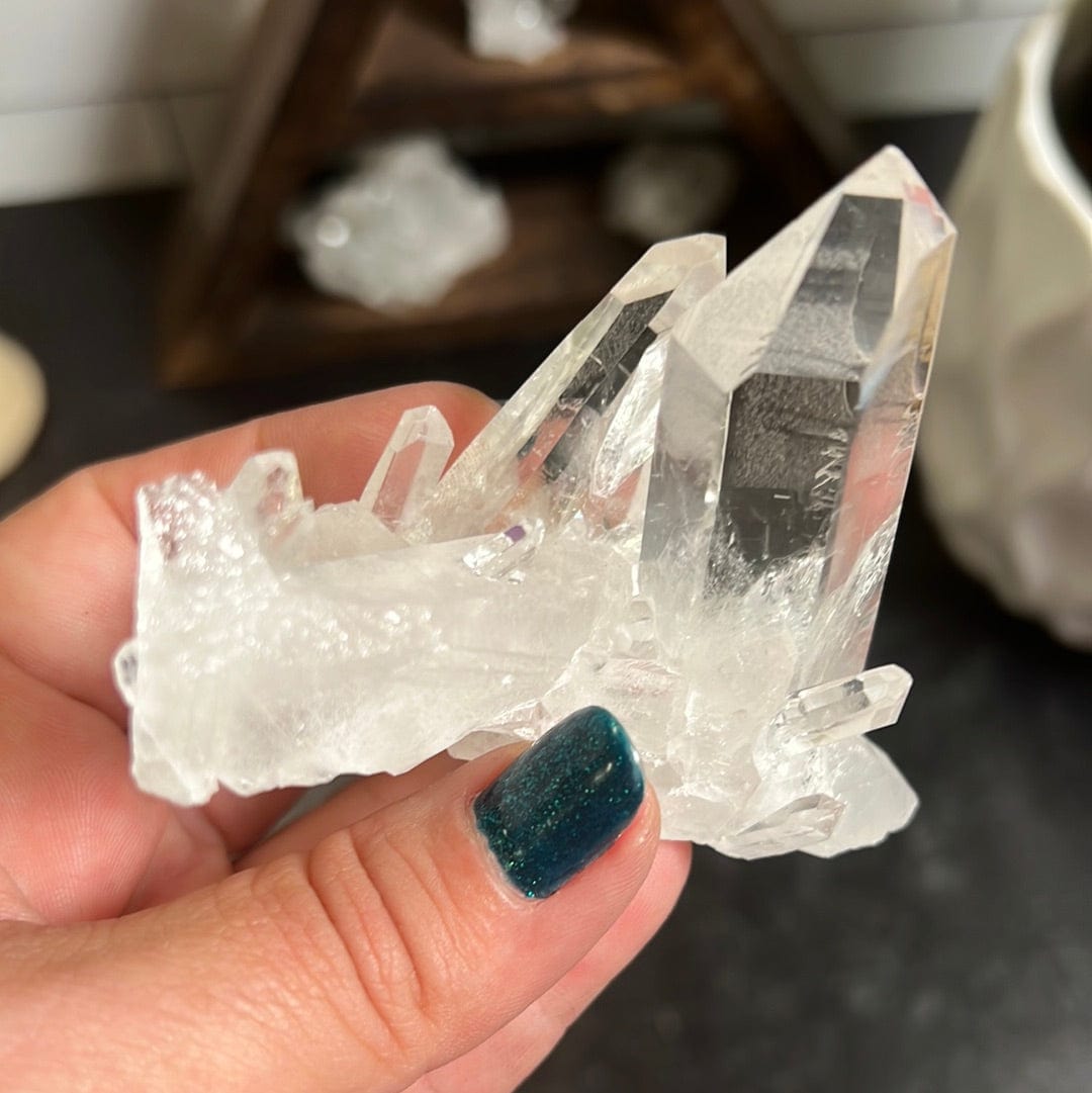Crystal cluster with multiple points in it held in a woman's hand with a black background.