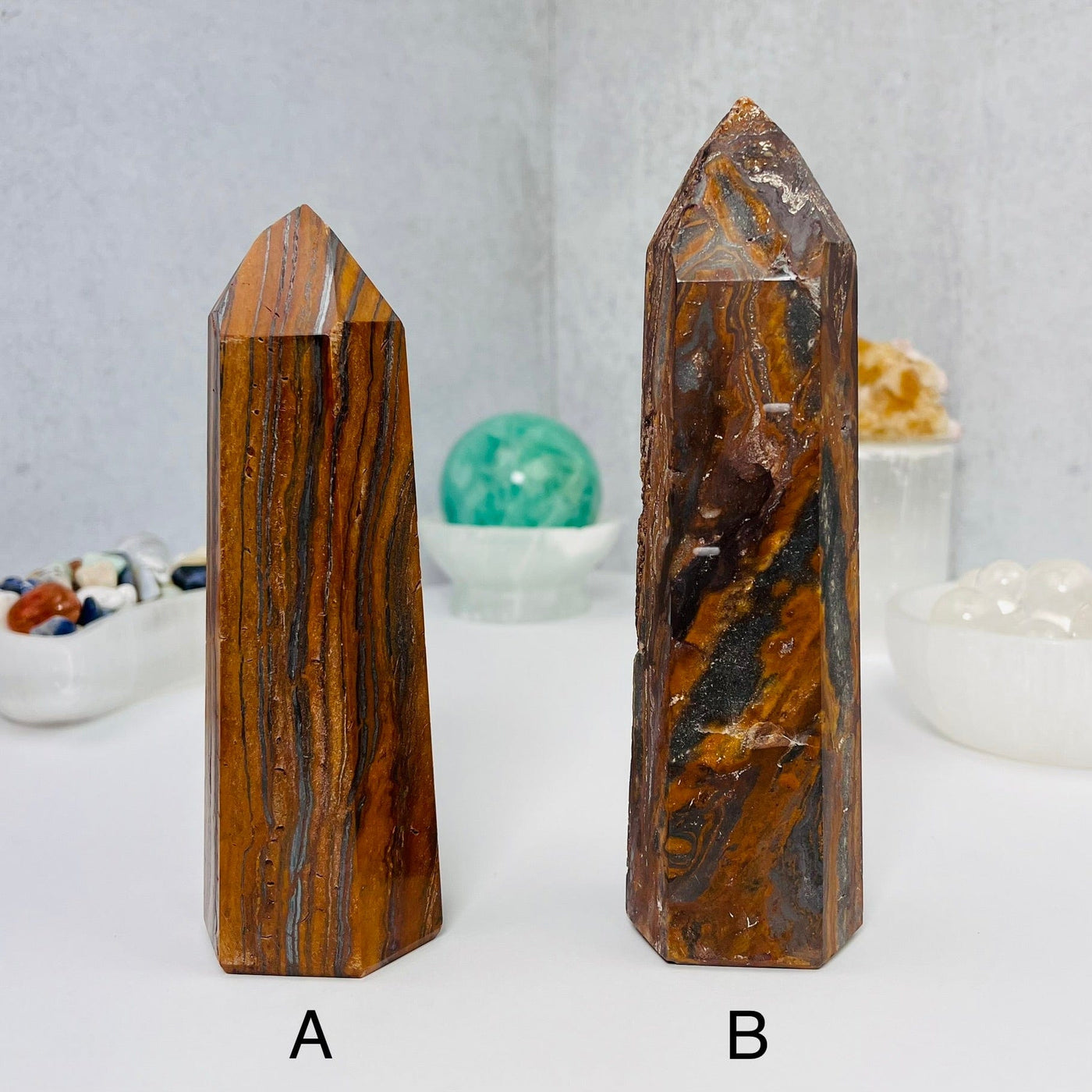 Tigers Eye Towers, options A and B placed side by side on a white surface.