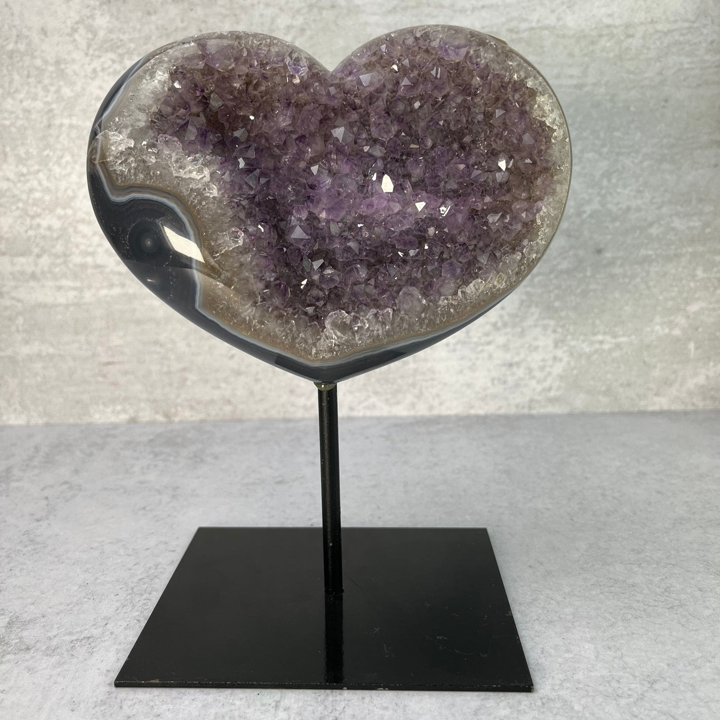 Amethyst Heart Cluster on Metal Stand - OOAK - Front View