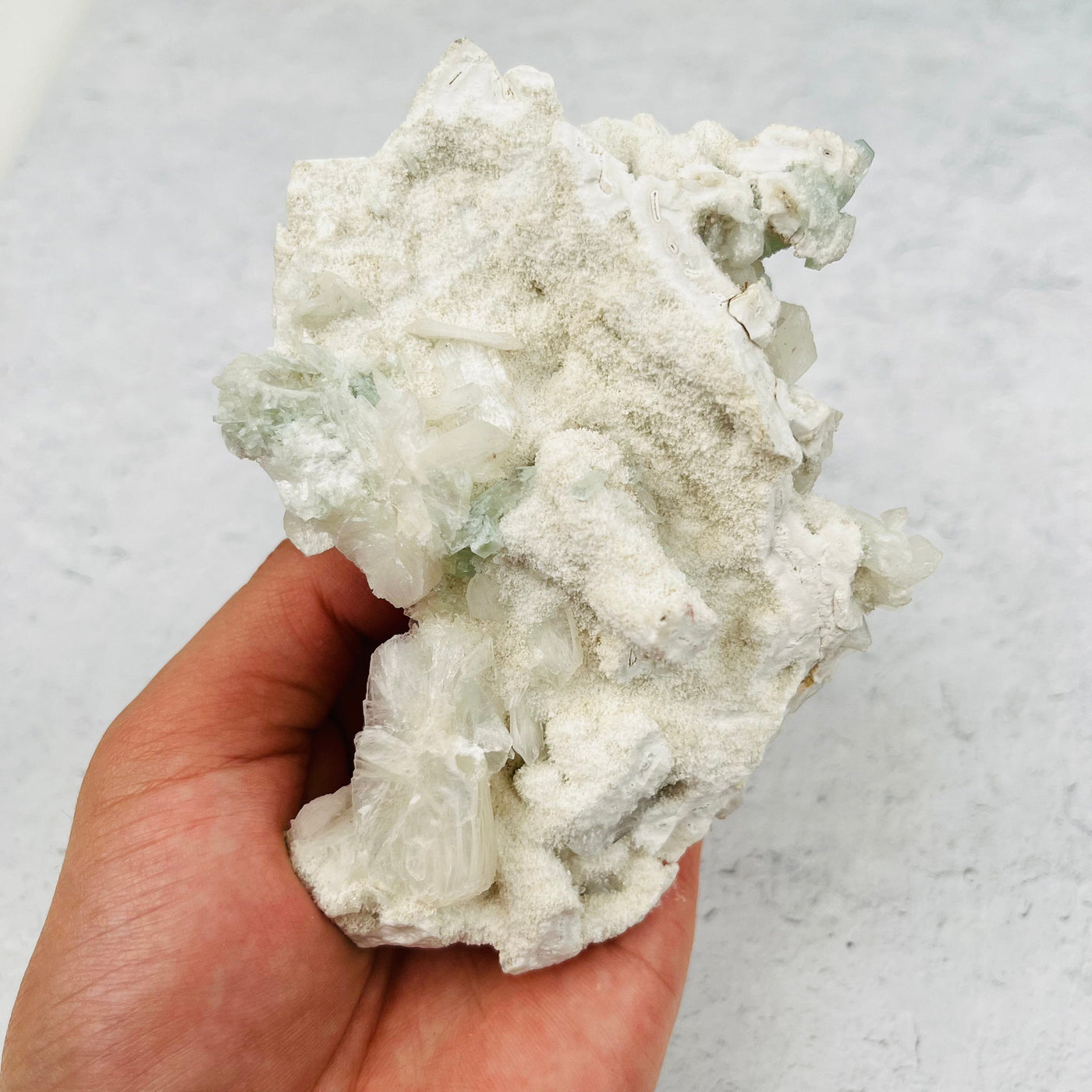Green Apophyllite with Stilbite  Zeolites - With Hand For Sizing Reference Back