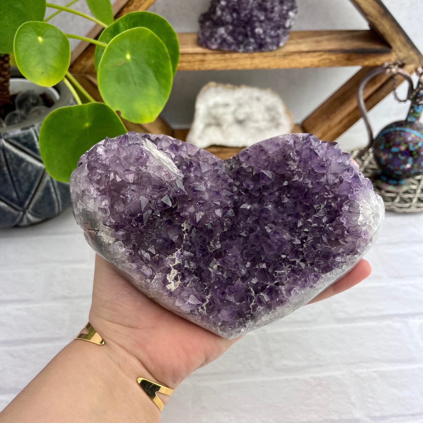 Cluster Amethyst Druzy Heart with hand for size reference 