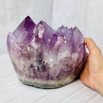Frontal view of Large Amethyst Point Cluster with a woman's hand to the right side of it for size reference.