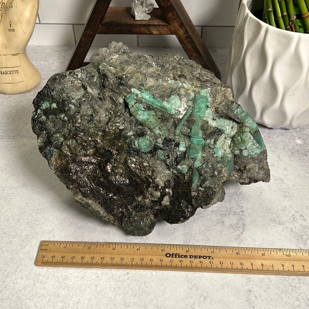 Large emerald rough stone.  It has emerald green rods on a green and black rock matrix.  It is next to a ruler  showing it is about 9 inches wide.